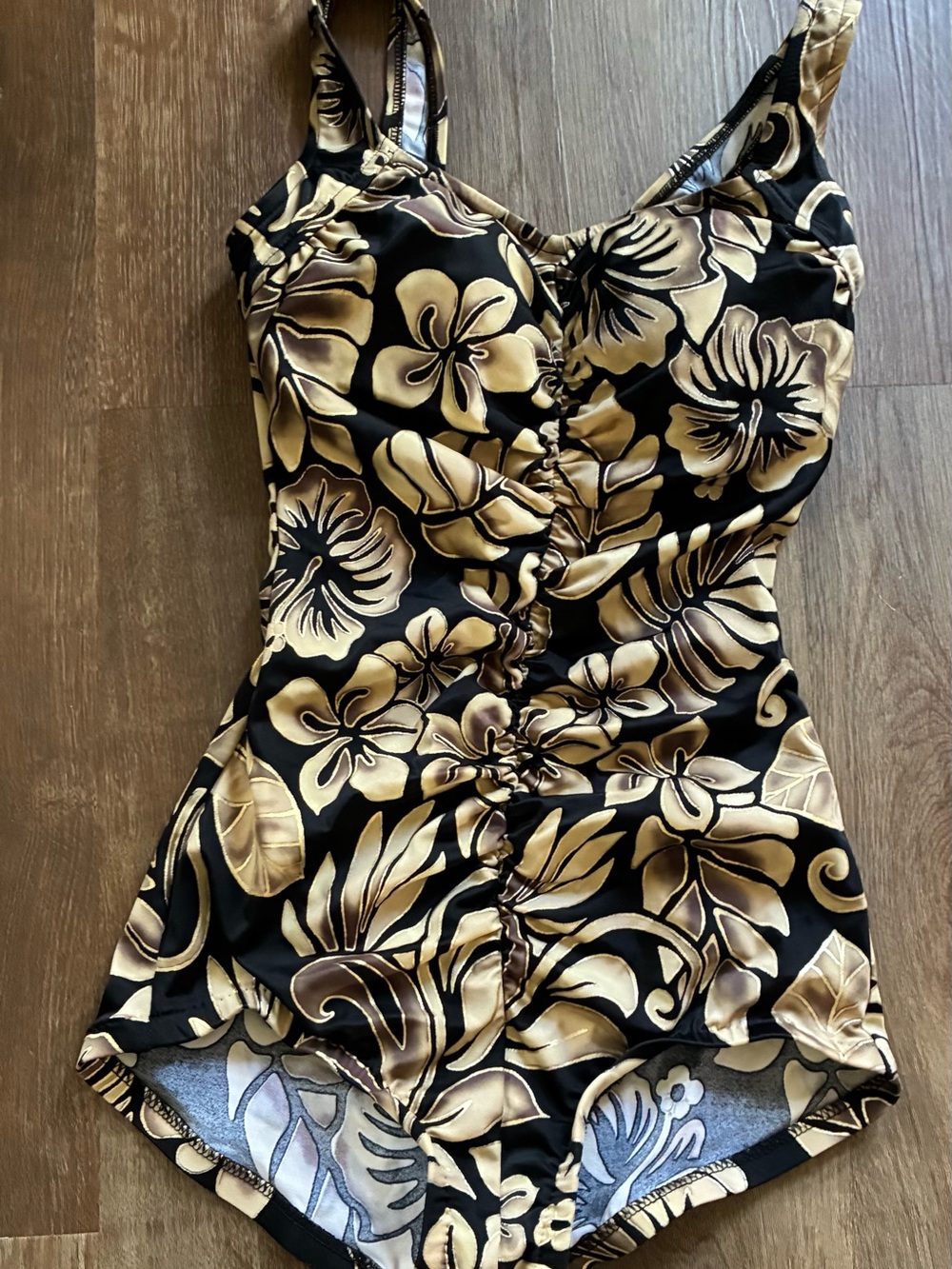 Maxine of Hollywood Black and Gold Floral Ruched One-Piece Swimsuit